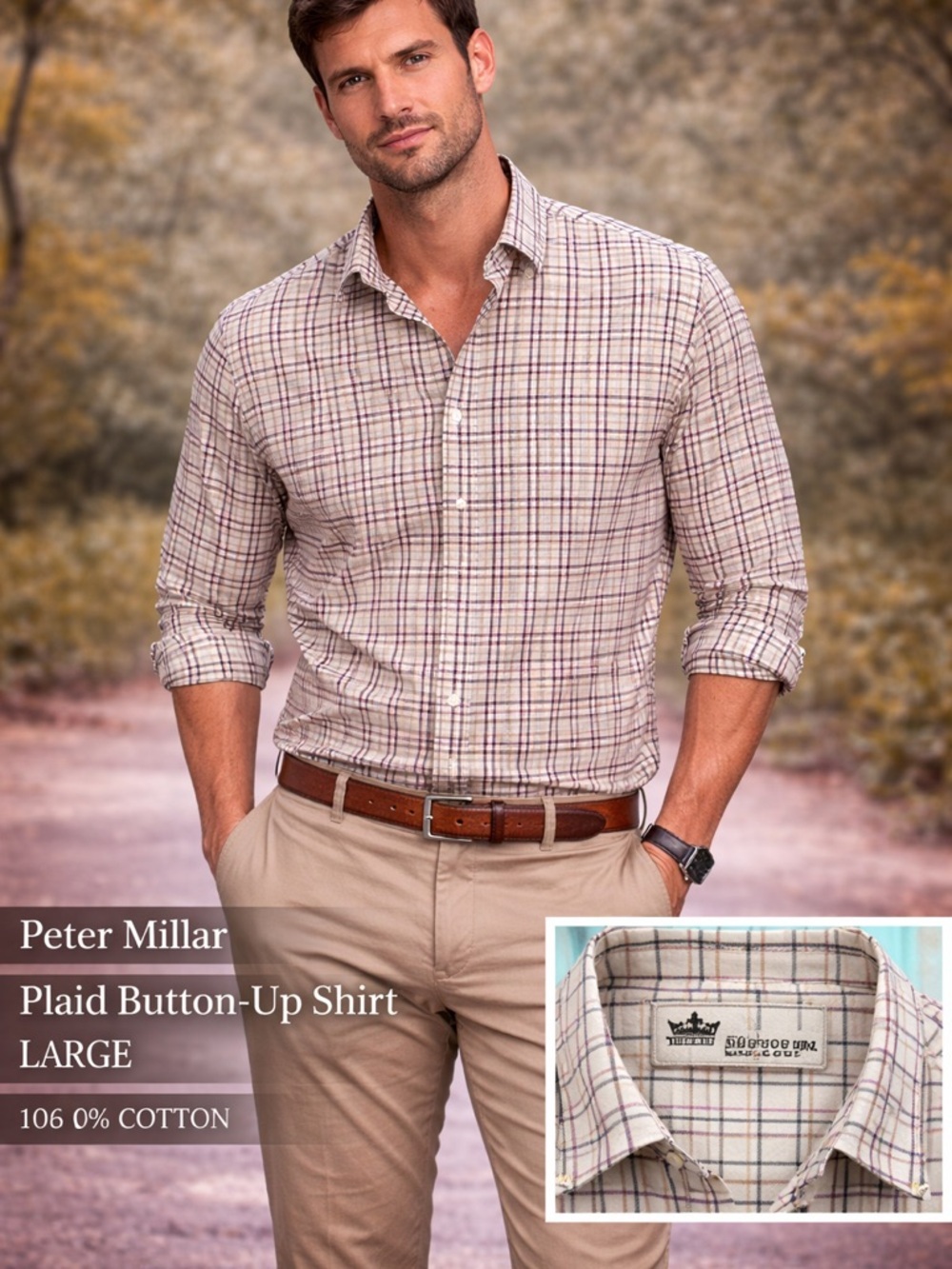 Peter Millar plaid button up collared shirt LARGE 100% cotton